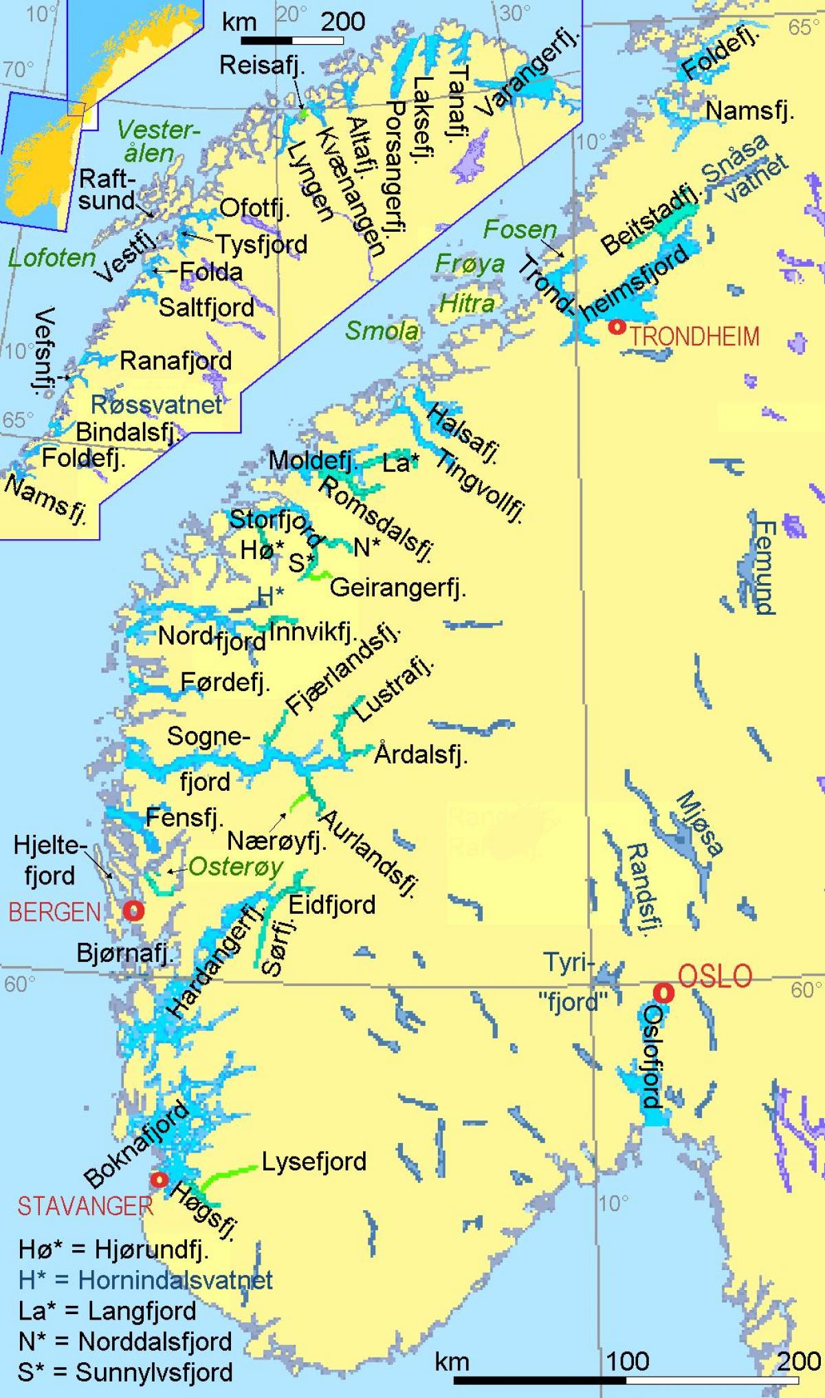 քարտեզ Նորվեգիայի ցույց է տալիս fjords