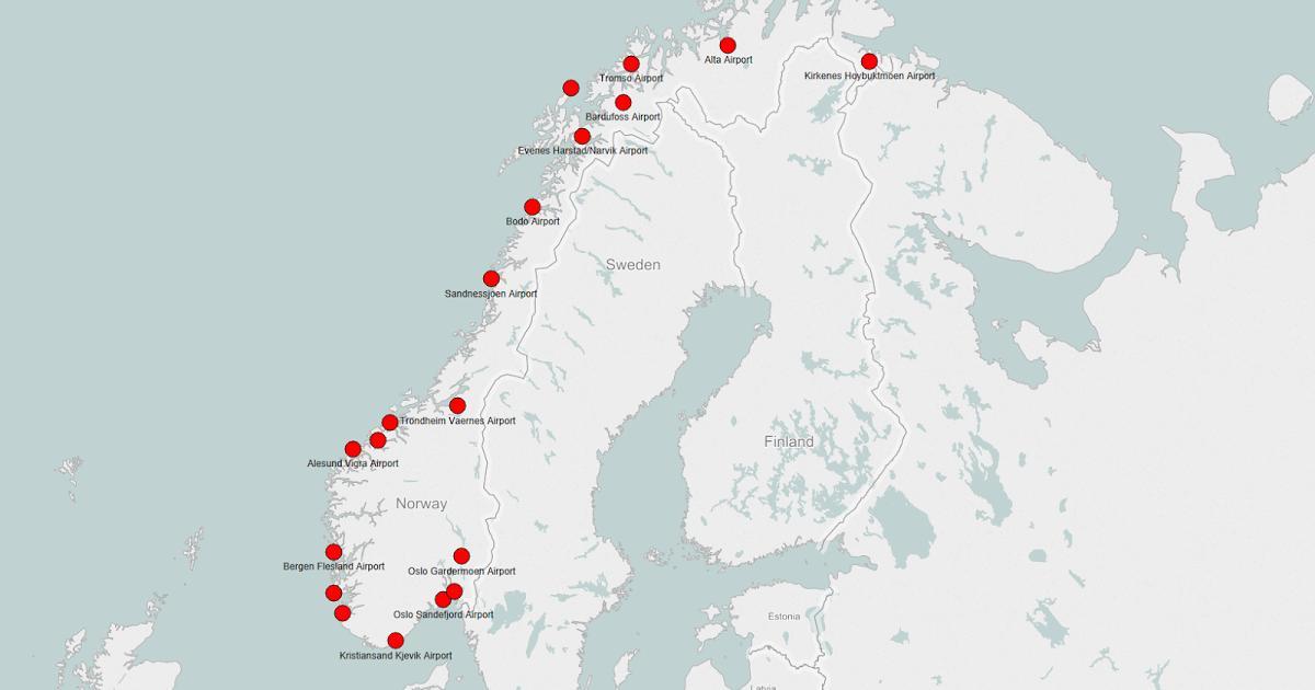 Քարտեզ Նորվեգիայի օդանավակայանների