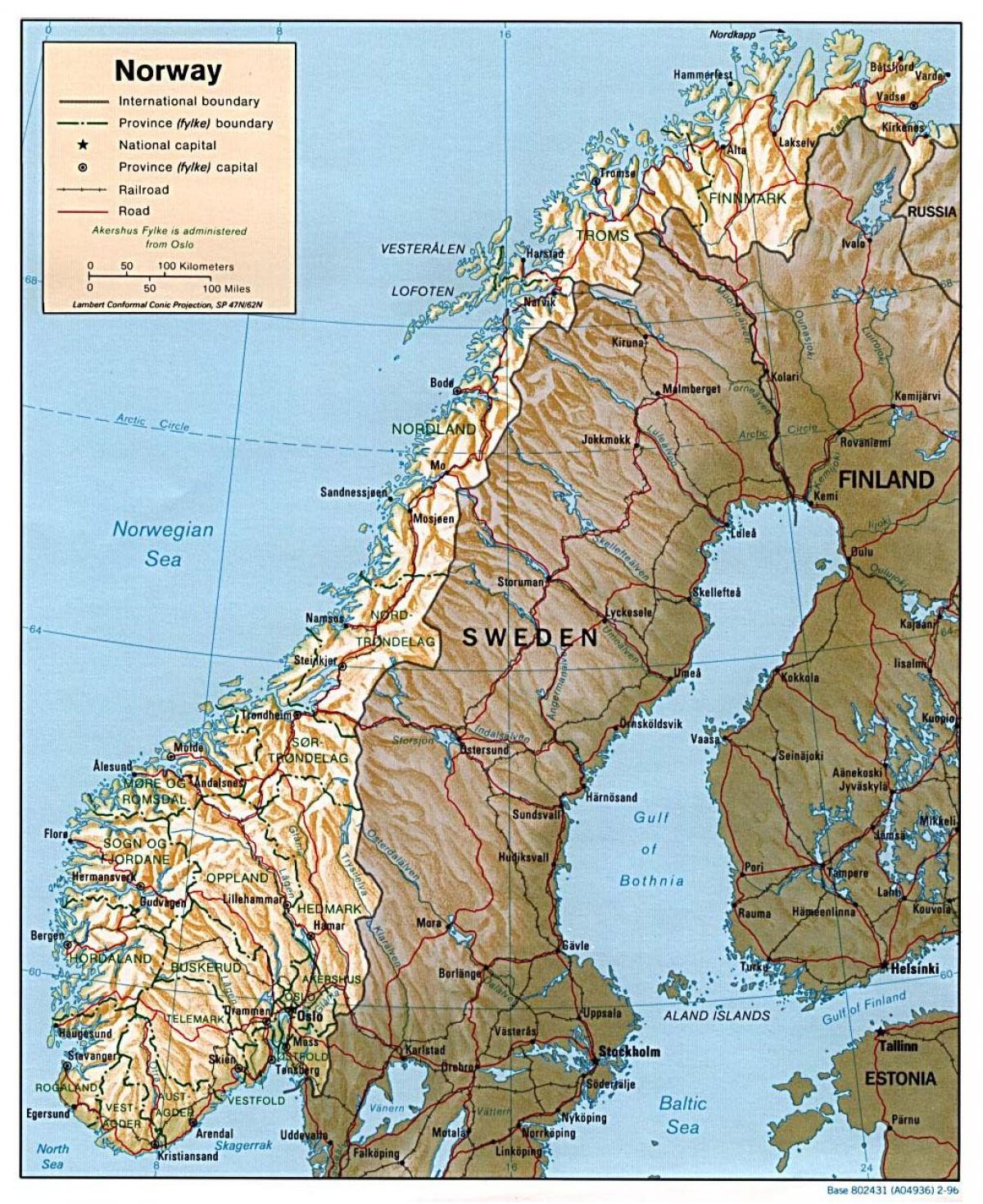 մանրամասն քարտեզը Նորվեգիայի քաղաքների հետ