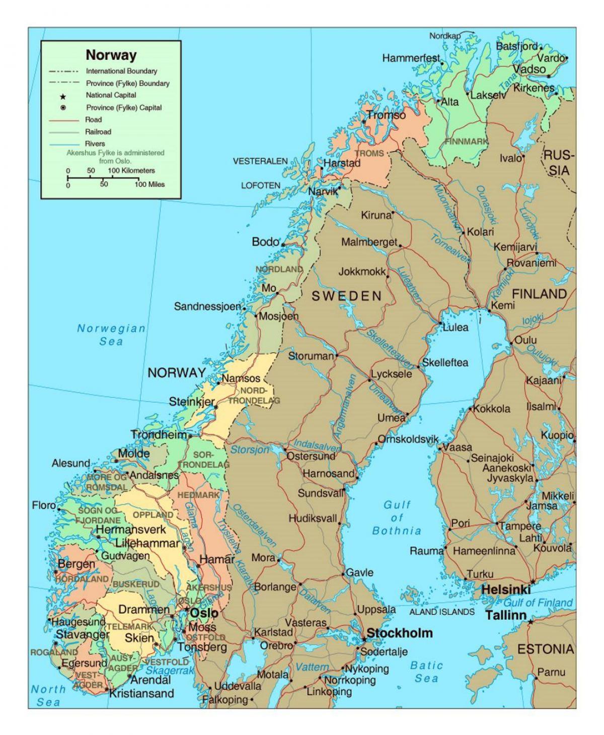 Ճանապարհային քարտեզ Նորվեգիայի քաղաքների հետ